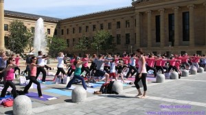  Yoga Mats in front of Philly Skyline during Living Beyond Breast Cancer benefit Yoga on the Steps