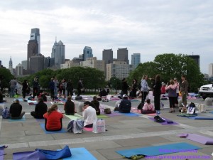 Yoga Mats in front of Philly Skyline for Living Beyond Breast Cancer benefit, Yoga on the Steps Yoga Mats in front of Philly Skyline